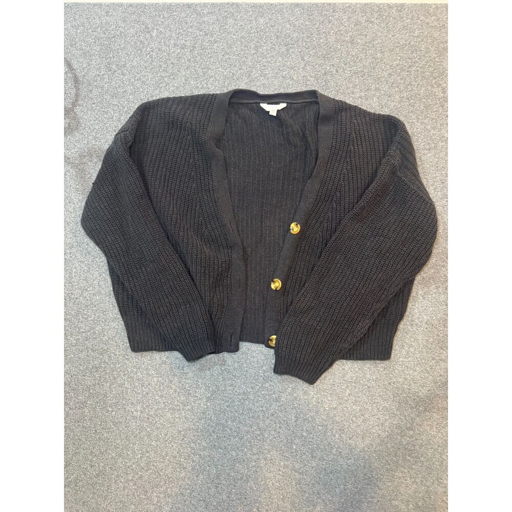 Time and Tru Charcoal Black Ribbed Cropped Button Front Cardigan Sweater XXL
